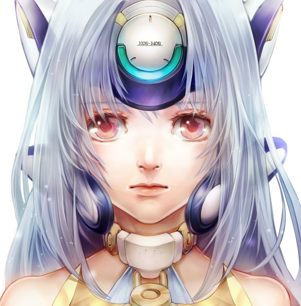 Anime picture 1181x1200 with xenosaga monolith software kos-mos senano-yu single long hair tall image blush simple background red eyes white background silver hair purple hair portrait close-up face girl headphones