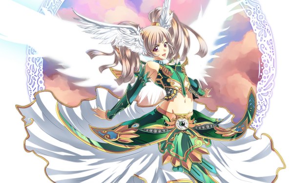 Anime picture 1440x900 with perfect world kaminary long hair open mouth simple background blonde hair smile brown hair wide image white background purple eyes sky cloud (clouds) head wings girl navel detached sleeves wings armor