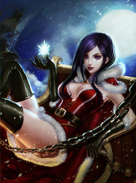 Anime picture 945x1265 with league of legends emilia leblanc mbgu single long hair tall image breasts light erotic purple hair bent knee (knees) pink eyes lips fur trim lipstick snowing christmas winter red lipstick merry christmas girl
