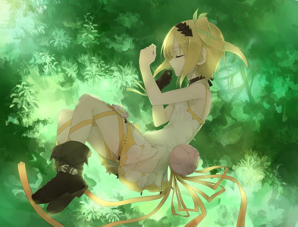 Anime picture 1895x1447 with tales of (series) tales of zestiria edna (tales) akitaka akita single highres short hair bent knee (knees) lying sleeveless one side up on side sleeping girl dress ribbon (ribbons) plant (plants) single glove