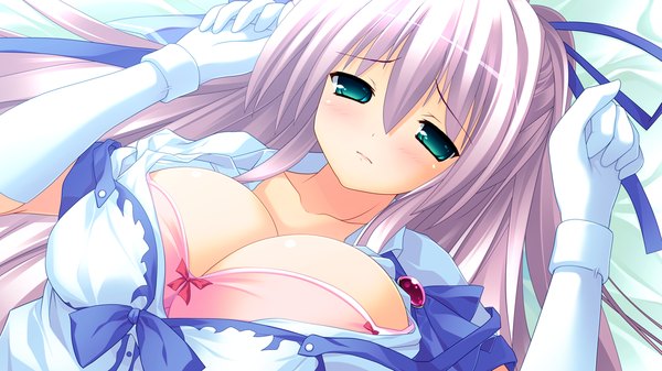 Anime picture 1280x720 with tiny dungeon (game) rosebleu note rumu breasts light erotic wide image green eyes game cg purple hair huge breasts girl