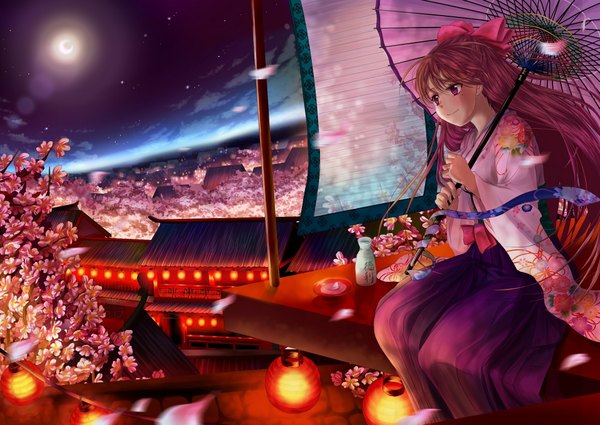 Anime picture 1920x1360 with original mizumiyako long hair highres smile brown hair brown eyes sky cloud (clouds) japanese clothes night night sky half updo girl bow ribbon (ribbons) plant (plants) hair bow petals tree (trees)