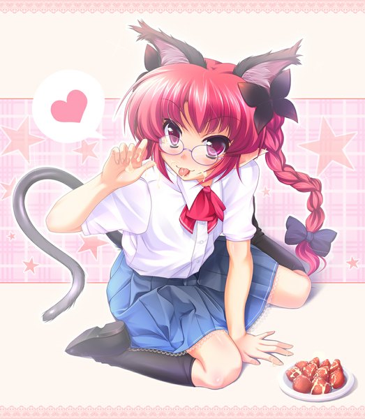 Anime picture 1000x1147 with touhou kaenbyou rin aosuke (ayakawa akito) single long hair tall image blush red eyes animal ears braid (braids) cat ears cat girl cat tail twin braids extra ears girl skirt bow hair bow miniskirt