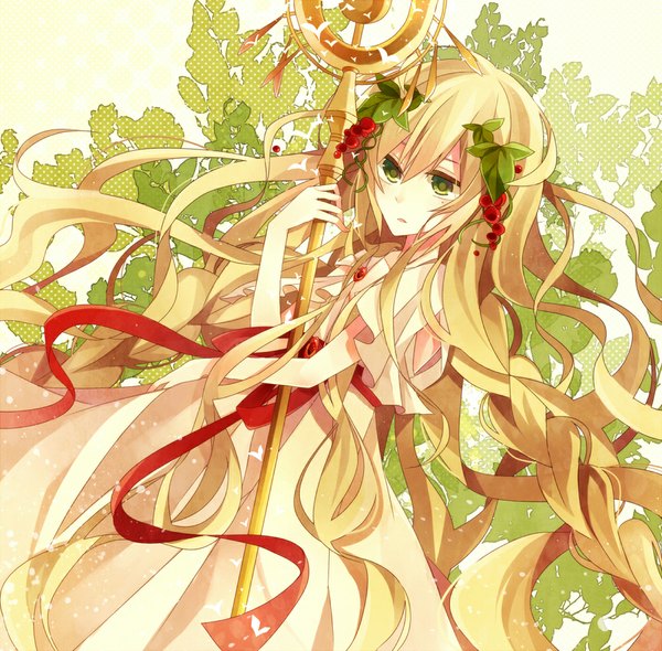 Anime picture 1000x984 with magi the labyrinth of magic a-1 pictures scheherazade (magi) miicat (artist) single open mouth simple background blonde hair green eyes very long hair girl dress ribbon (ribbons) white dress leaf (leaves) staff rukh (magi)