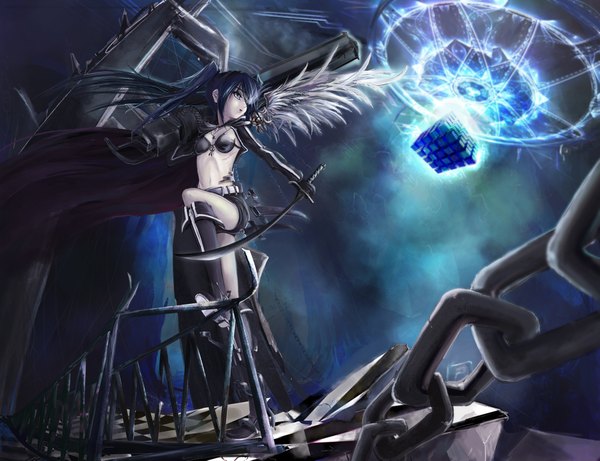 Anime picture 2000x1537 with black rock shooter black rock shooter (character) ushas single long hair fringe highres twintails hair over one eye girl gloves navel weapon sword wings shorts boots gun thigh boots chain