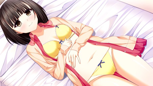 Anime picture 1280x720 with endless dungeon shirasagi miko suzume miku single blush fringe short hair light erotic black hair wide image brown eyes game cg lying open clothes open shirt girl navel underwear panties shirt