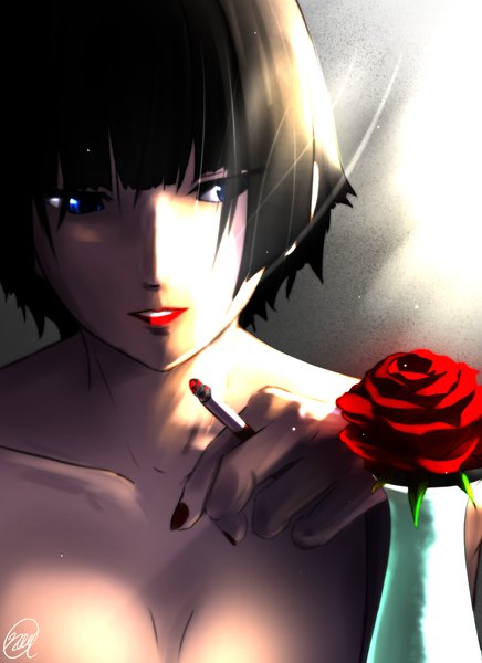 Anime picture 1200x1650 with original noica single tall image fringe short hair breasts open mouth blue eyes light erotic black hair large breasts bare shoulders nail polish lipstick light close-up smoke red lipstick girl