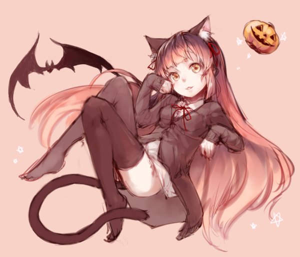 Anime picture 1400x1200 with original junwool single long hair looking at viewer blush fringe simple background animal ears yellow eyes pink hair cat ears cat girl cat tail no shoes pink background halloween girl thighhighs black thighhighs