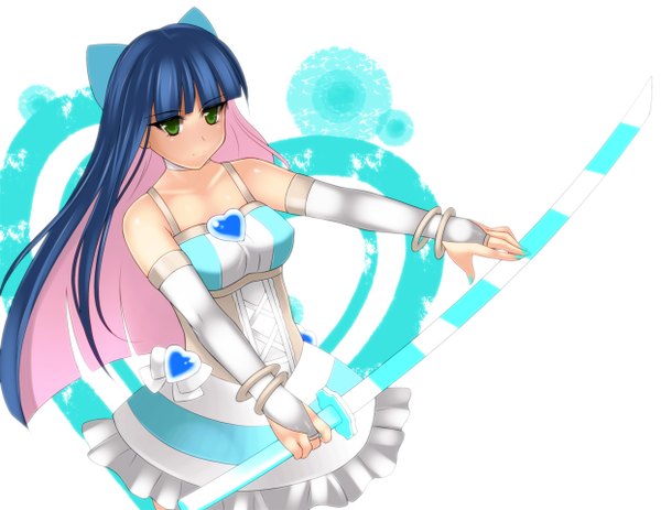 Anime picture 1244x960 with panty & stocking with garterbelt anarchy stocking hevn long hair bare shoulders green eyes blue hair nail polish multicolored hair colored inner hair girl dress gloves bow weapon hair bow sword