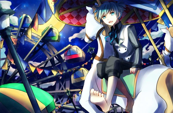 Anime picture 1280x837 with ansatsu kyoushitsu shiota nagisa tagme (artist) single short hair blue eyes smile sitting cloud (clouds) barefoot aqua eyes light smile aqua hair night night sky crescent shooting star boy ribbon (ribbons) animal