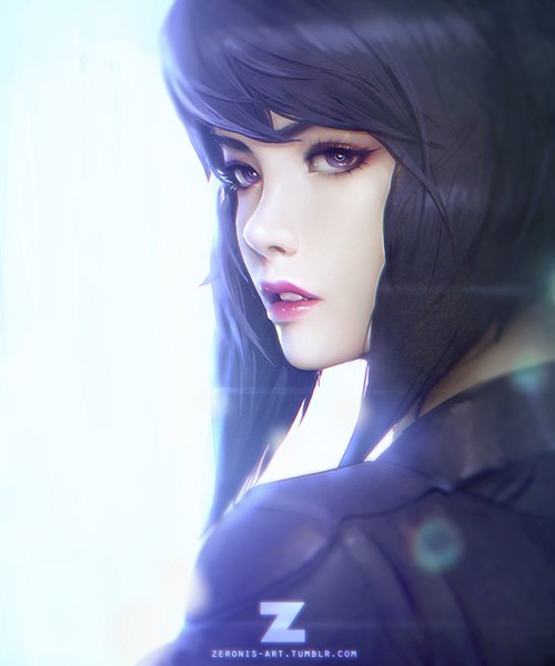 Anime picture 720x864 with ghost in the shell production i.g kusanagi motoko paul (shiramune) single tall image short hair black hair simple background looking away parted lips looking back lips realistic teeth lipstick watermark portrait light pink lipstick