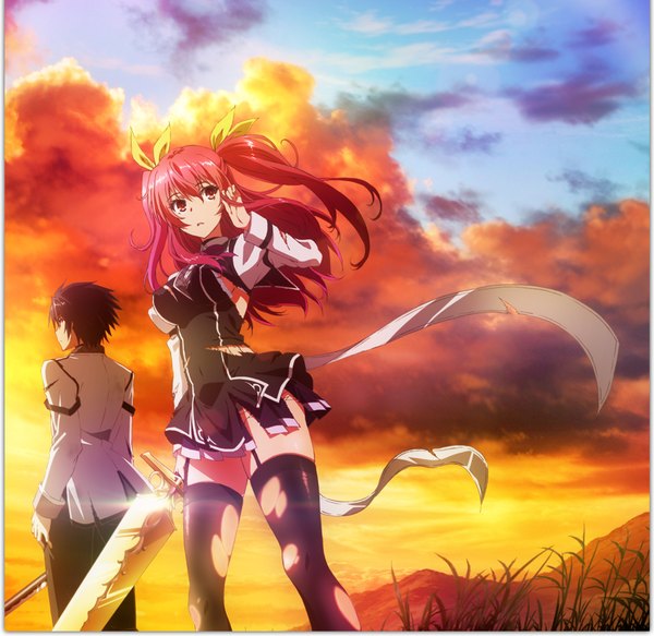 Anime picture 1093x1063 with rakudai kishi no cavalry stella vermillion kurogane ikki long hair short hair breasts light erotic black hair red eyes holding looking away pink hair sky cloud (clouds) outdoors red hair wind sunlight official art two side up