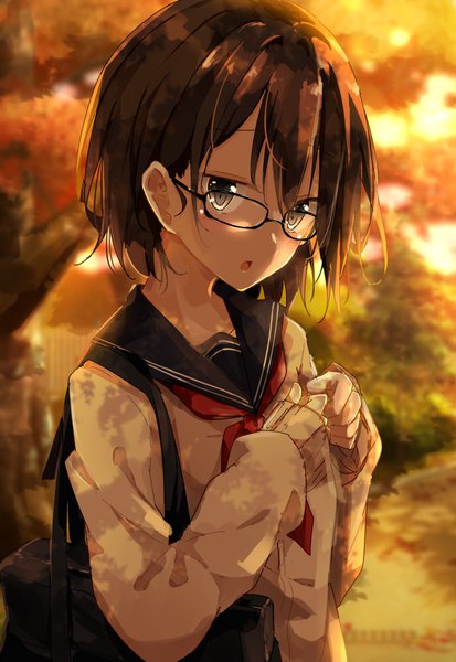 Anime picture 711x1032 with original kurottari single tall image looking at viewer blush fringe short hair open mouth hair between eyes brown hair upper body sunlight :o grey eyes sleeves past wrists girl uniform plant (plants) tree (trees)