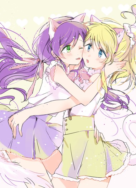 Anime picture 751x1040 with love live! school idol project sunrise (studio) love live! toujou nozomi ayase eli pipio long hair tall image blush fringe open mouth blue eyes blonde hair twintails bare shoulders multiple girls green eyes animal ears purple hair ponytail