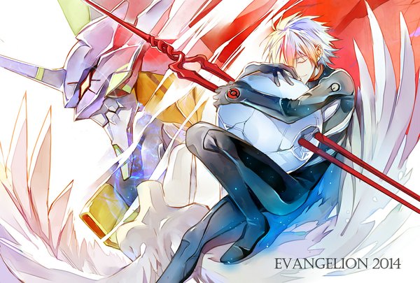 Anime picture 1000x676 with neon genesis evangelion gainax nagisa kaworu eva 01 niaoniao single short hair smile silver hair eyes closed hug angel wings 2014 boy wings bodysuit pilot suit mecha