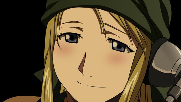 Anime picture 1500x844 with fullmetal alchemist studio bones winry rockbell single long hair blush blonde hair smile wide image black eyes black background girl bandana phone