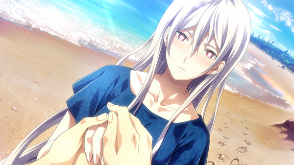 Anime picture 1280x720 with disorder 6 long hair blush red eyes wide image game cg white hair beach girl sea