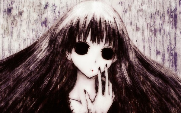 Anime picture 1500x938 with shiki sunako kirishiki tagme (artist) single long hair fringe black hair black eyes monochrome hand on cheek bleeding girl blood undead