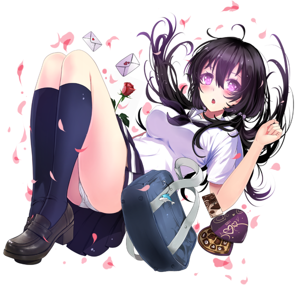 Anime picture 934x901 with original miyaura sanshio beifeng han single long hair tall image looking at viewer fringe short hair breasts light erotic black hair simple background hair between eyes large breasts white background twintails full body ahoge pleated skirt