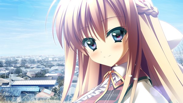 Anime picture 1280x720 with 12 no tsuki no eve unahara yuki single long hair looking at viewer blush blue eyes blonde hair wide image game cg light smile girl