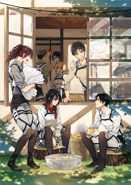 Anime picture 868x1228 with shingeki no kyojin production i.g mikasa ackerman eren yaeger levi (rivaille) krista lenz armin arlert sasha blouse ymir (shingeki no kyojin) hange zoe jean kirstein kouman_info tall image short hair open mouth blue eyes black hair blonde hair smile brown hair