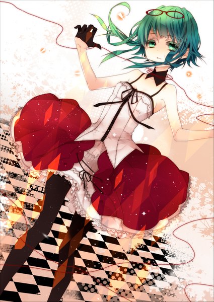 Anime picture 1251x1767 with vocaloid gumi naoto (tulip) single tall image looking at viewer short hair bare shoulders green eyes green hair glasses on head girl dress gloves glasses