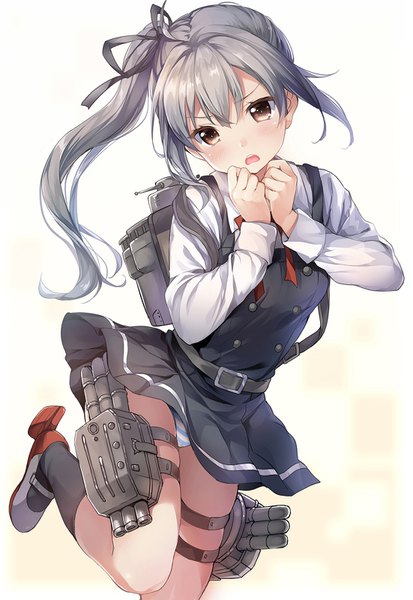 Anime picture 1101x1600 with kantai collection kasumi destroyer chiyingzai single long hair tall image looking at viewer blush fringe open mouth light erotic hair between eyes standing brown eyes payot bent knee (knees) head tilt grey hair side ponytail girl