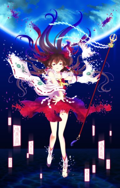Anime picture 1500x2333 with touhou hakurei reimu single tall image fringe brown hair brown eyes traditional clothes legs girl hair ornament bow hair bow petals water boots