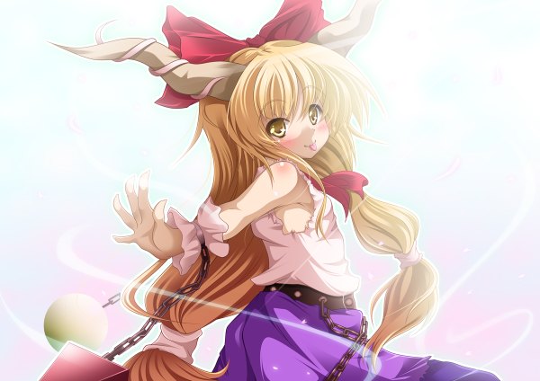 Anime picture 1200x848 with touhou ibuki suika long hair blush simple background blonde hair yellow eyes horn (horns) :p girl bow hair bow tongue chain