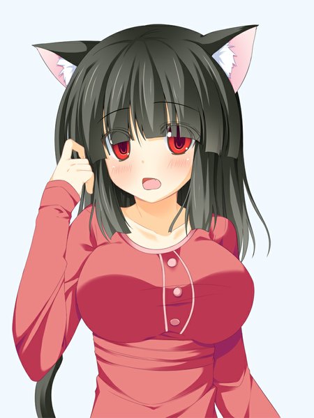 Anime picture 750x1000 with original asa no ha single long hair tall image looking at viewer blush open mouth black hair red eyes animal ears tail animal tail cat ears cat girl cat tail girl