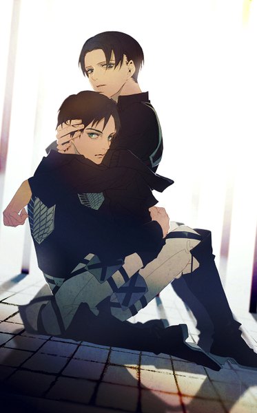 Anime picture 900x1446 with shingeki no kyojin production i.g eren yaeger levi (rivaille) par tall image looking at viewer short hair open mouth blue eyes black hair brown hair sitting green eyes multiple boys hug hand on head shounen ai sitting on person boy