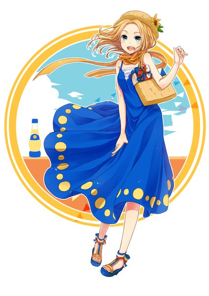 Anime picture 1400x1980 with original orangina ancientstar single long hair tall image blush open mouth blue eyes blonde hair flag print girl dress hat neckerchief sandals basket platform footwear