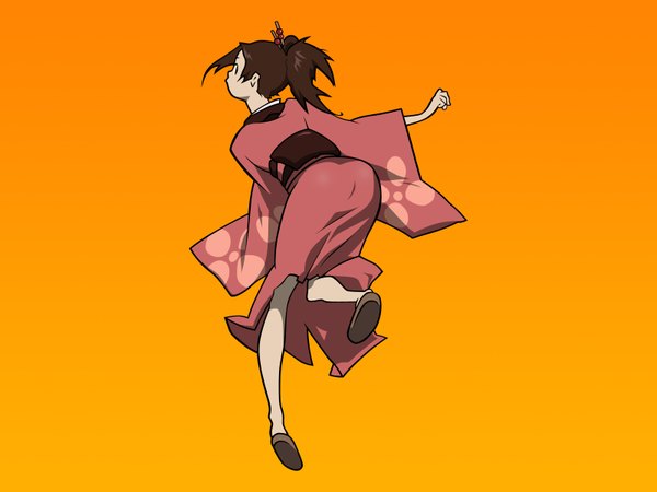 Anime picture 1600x1200 with samurai champloo fuu (samurai champloo) single looking at viewer highres simple background brown hair brown eyes ponytail traditional clothes japanese clothes looking back from behind wallpaper gradient background vector running orange background girl kimono