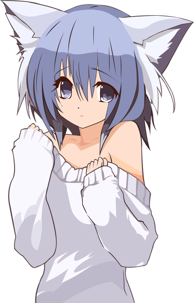 Anime picture 1306x2038 with tagme (artist) assassinwarrior single tall image looking at viewer short hair purple eyes bare shoulders animal ears purple hair cat ears cat girl transparent background girl sweater