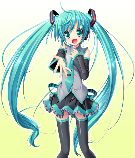 Anime picture 1711x2000 with vocaloid hatsune miku long hair tall image highres open mouth simple background white background twintails green eyes ahoge green hair girl thighhighs detached sleeves miniskirt necktie headphones