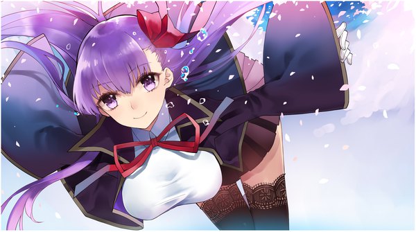 Anime picture 2000x1117 with fate (series) fate/extra fate/extra ccc bb (fate) (all) bb (fate/extra) ichinose rei single long hair fringe highres breasts light erotic smile wide image large breasts purple eyes purple hair girl thighhighs ribbon (ribbons)