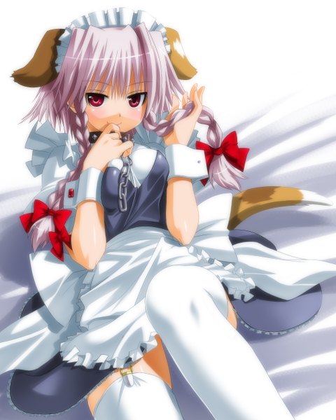 Anime picture 1000x1250 with touhou izayoi sakuya umekichi single tall image looking at viewer blush short hair red eyes animal ears purple hair lying braid (braids) maid twin braids girl thighhighs bow hair bow white thighhighs