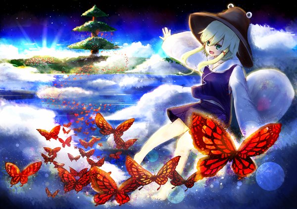 Anime picture 2000x1413 with touhou moriya suwako koga rejini single highres short hair open mouth blonde hair green eyes girl dress plant (plants) hat tree (trees) insect butterfly