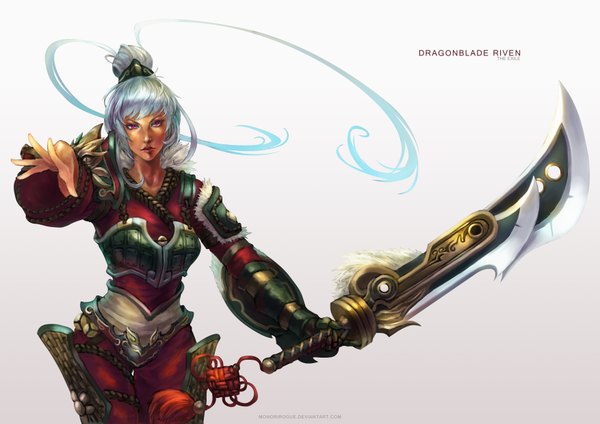 Anime picture 3508x2480 with league of legends riven (league of legends) monori rogue single looking at viewer highres short hair simple background absurdres silver hair pink eyes lips chinese clothes girl weapon sword armor
