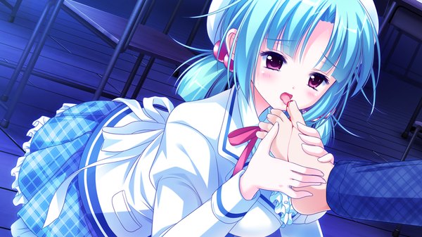 Anime picture 1024x576 with harumade kururu long hair blush red eyes wide image blue hair game cg barefoot legs girl skirt uniform school uniform miniskirt blood