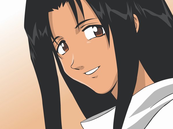 Anime picture 1600x1200 with trigun rem saverem single long hair looking at viewer black hair simple background smile brown eyes dark skin tan girl