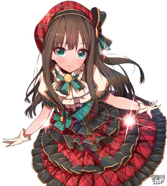 Anime picture 821x912 with idolmaster idolmaster cinderella girls shibuya rin erere single long hair tall image looking at viewer blush fringe simple background brown hair white background signed aqua eyes spread arms pure valentine girl gloves frills