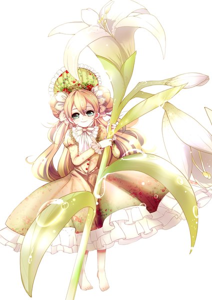 Anime picture 2480x3508 with original cozy (koko9037) single long hair tall image highres blue eyes simple background blonde hair smile white background barefoot girl dress hair ornament flower (flowers) bubble (bubbles)