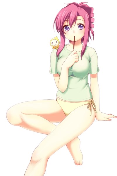 Anime picture 1000x1500 with onegai teacher kazami mizuho usashiro mani single tall image short hair breasts light erotic simple background large breasts white background sitting purple eyes pink hair legs drill hair girl underwear panties food