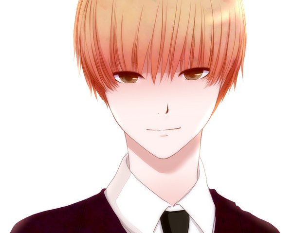 Anime picture 1024x819 with prince of tennis hiyoshi wakashi shian (my lonly life.) single short hair blonde hair smile white background brown eyes boy necktie suit