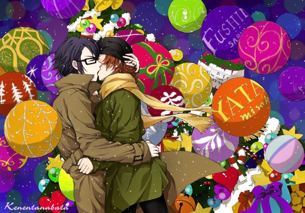 Anime picture 1500x1048 with k-project gohands (studio) fushimi saruhiko misaki yata short hair brown hair blue hair eyes closed profile inscription multiple boys sparkle hug snowing christmas snow kiss shounen ai boy glasses