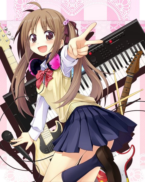 Anime picture 1236x1547 with original orda long hair tall image blush open mouth brown hair twintails brown eyes victory girl serafuku headphones microphone musical instrument guitar