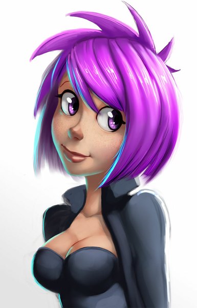 Anime picture 646x1007 with carlos eduardo single tall image short hair breasts simple background white background purple eyes looking away purple hair girl