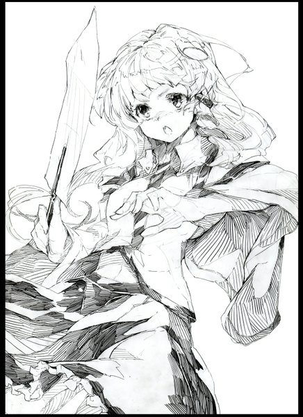 Anime picture 1164x1602 with touhou kochiya sanae oshake single long hair tall image open mouth simple background white background wide sleeves monochrome miko sketch girl dress hair ornament detached sleeves frills hairclip gohei
