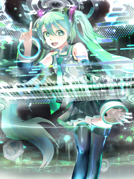Anime picture 900x1204 with vocaloid hatsune miku 119 single tall image looking at viewer open mouth twintails very long hair aqua eyes aqua hair zettai ryouiki girl skirt miniskirt necktie boots thigh boots vest microphone